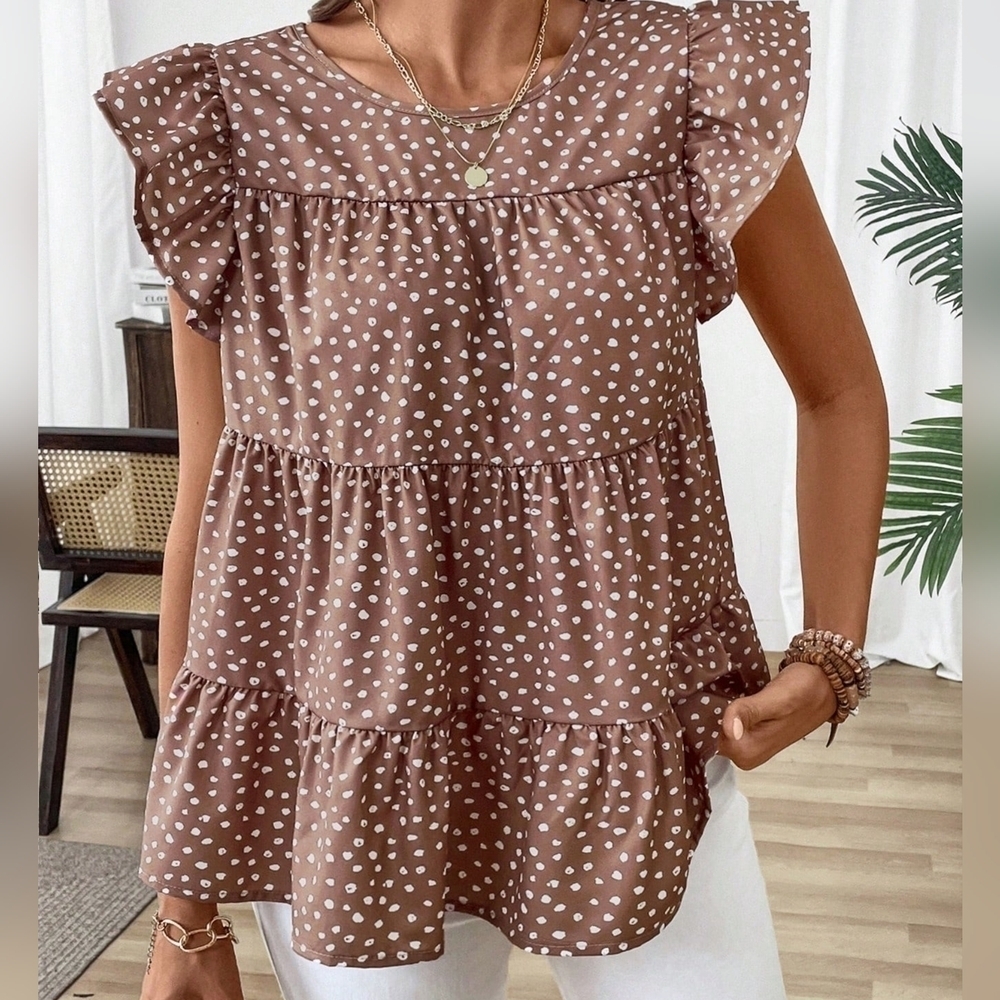 Round Neck Pleated Floral Print Vacation Shirt With Flare Sleeves - Picture 5 of 5